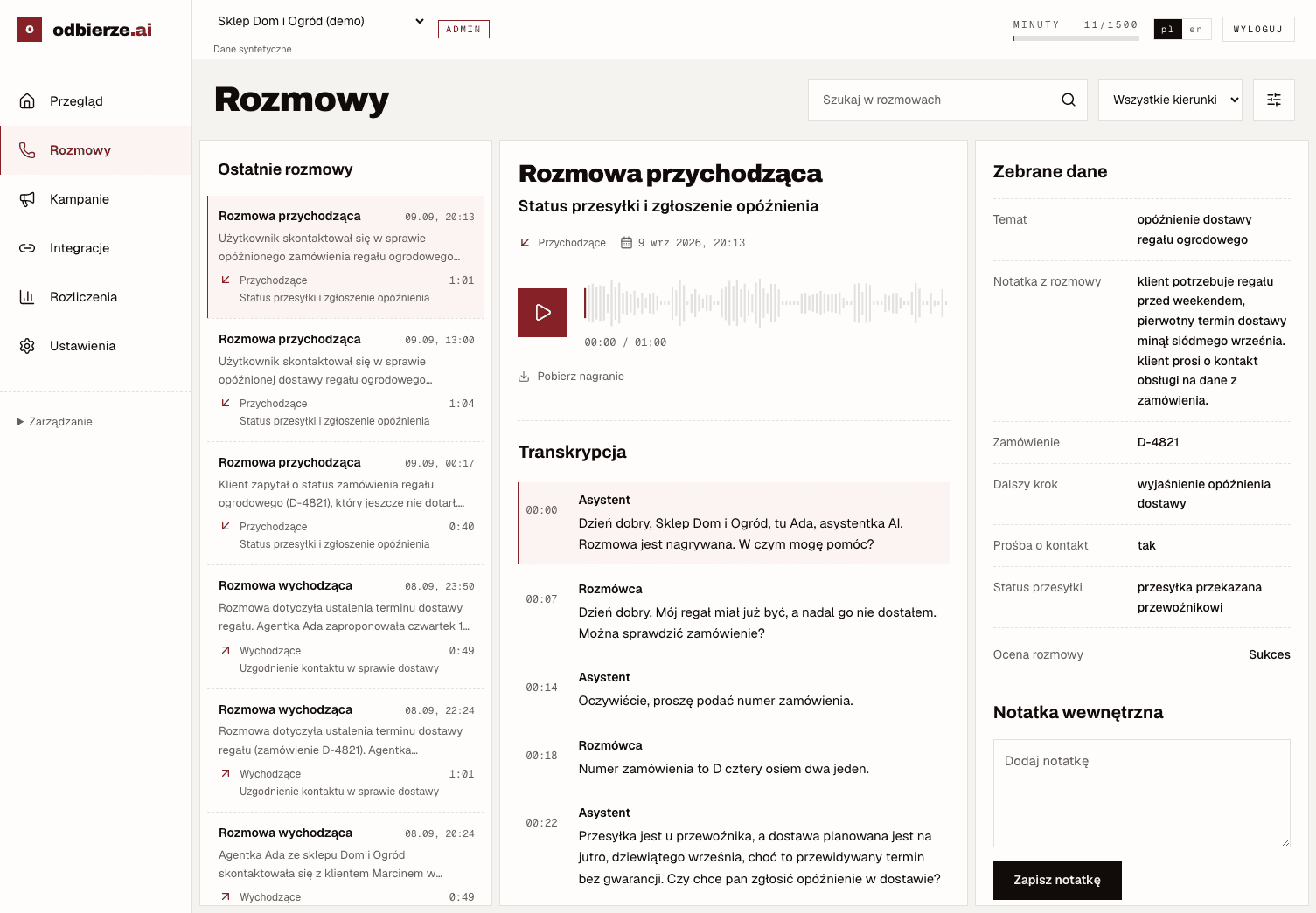 Panel odbierze z nagraniem „Status przesyłki i zgłoszenie opóźnienia”, transkrypcją i zebranymi danymi.