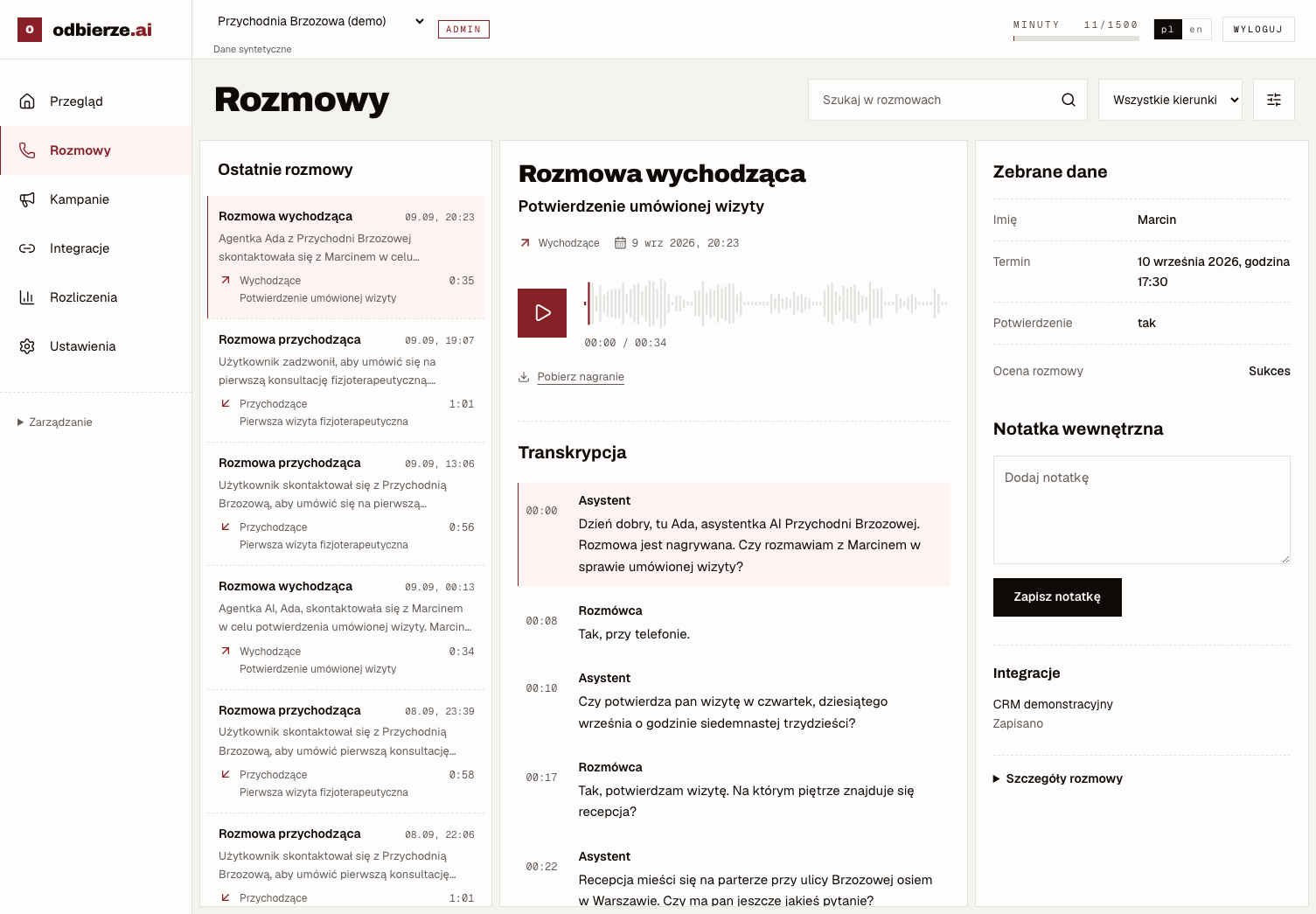 Panel odbierze z nagraniem „Potwierdzenie umówionej wizyty”, transkrypcją i zebranymi danymi.