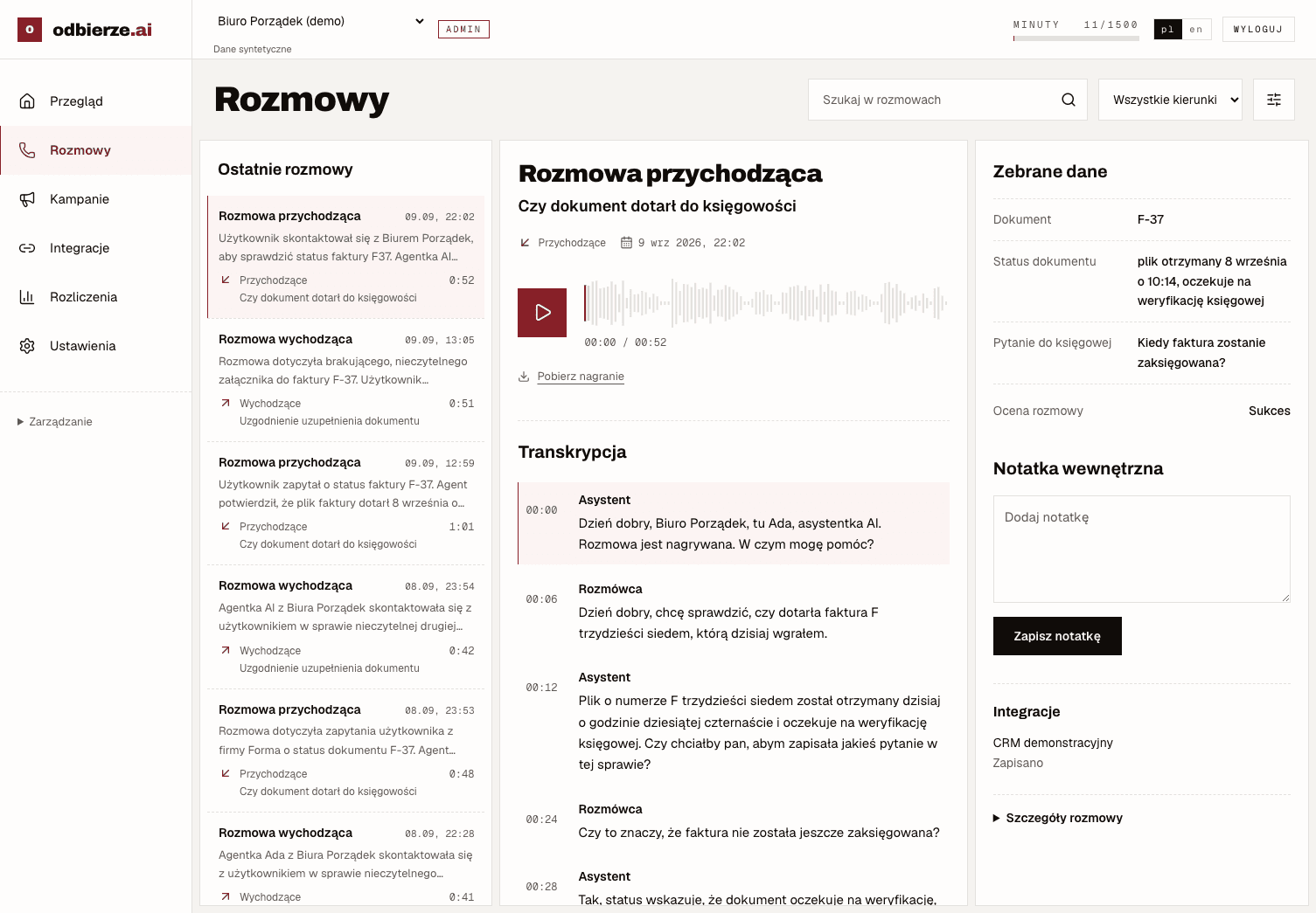 Panel odbierze z nagraniem „Czy dokument dotarł do księgowości”, transkrypcją i zebranymi danymi.