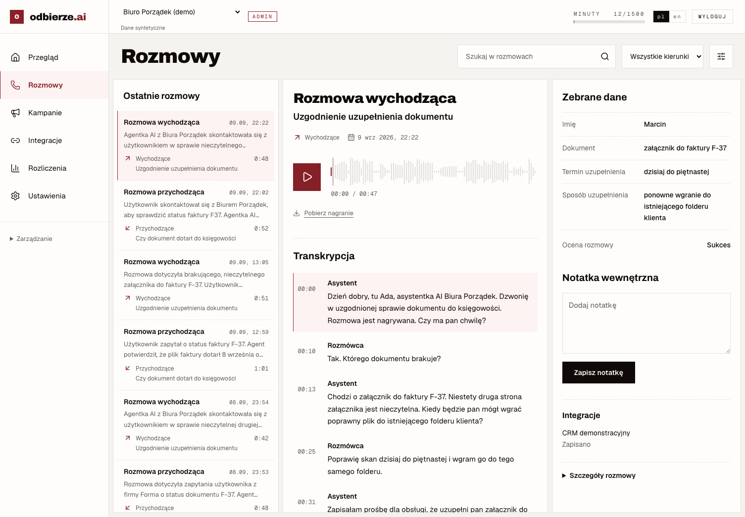 Panel odbierze z nagraniem „Uzgodnienie uzupełnienia dokumentu”, transkrypcją i zebranymi danymi.