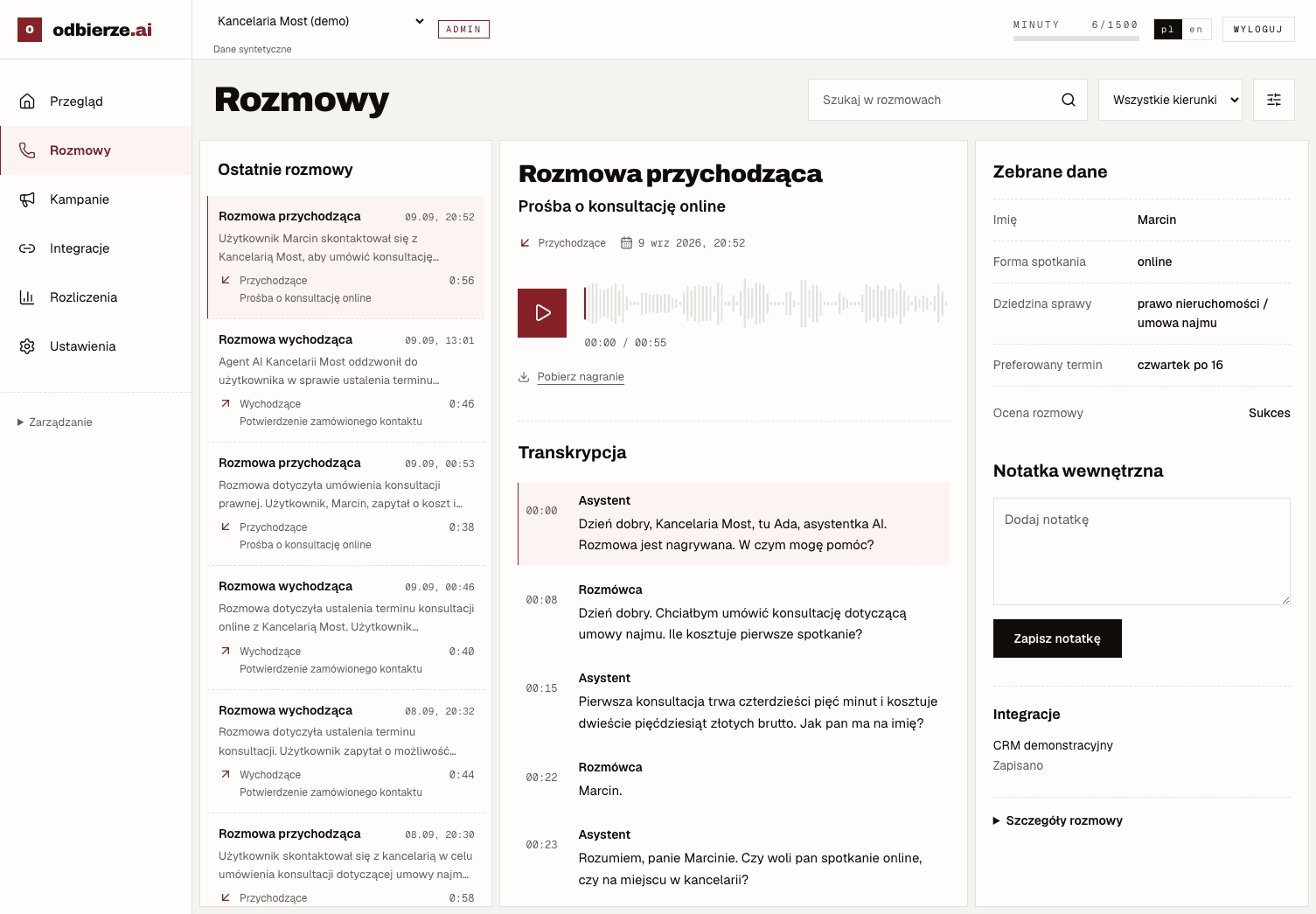 Panel odbierze z nagraniem „Prośba o konsultację online”, transkrypcją i zebranymi danymi.