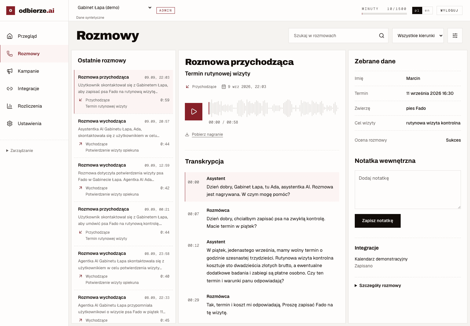 Panel odbierze z nagraniem „Termin rutynowej wizyty”, transkrypcją i zebranymi danymi.