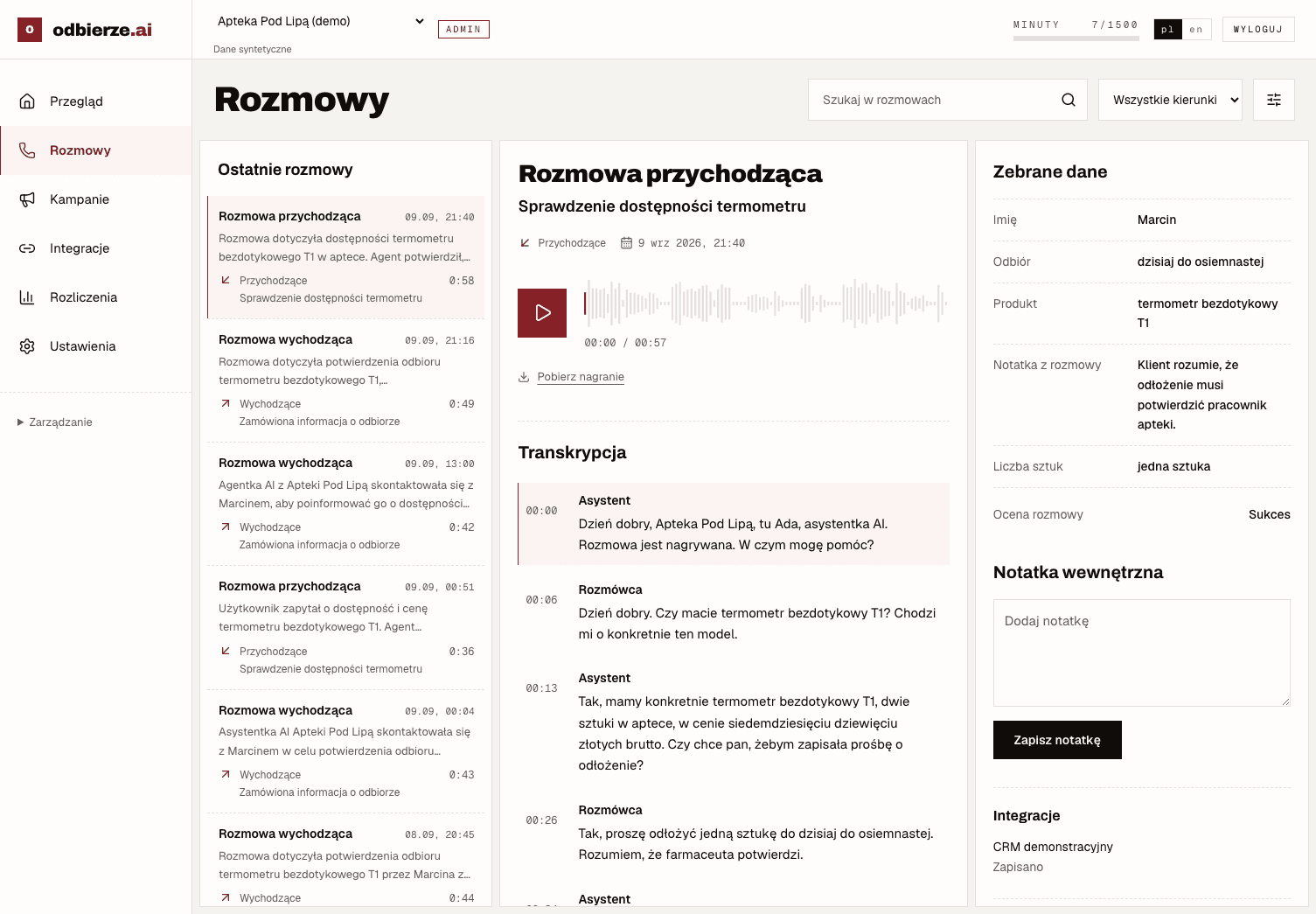 Panel odbierze z nagraniem „Sprawdzenie dostępności termometru”, transkrypcją i zebranymi danymi.