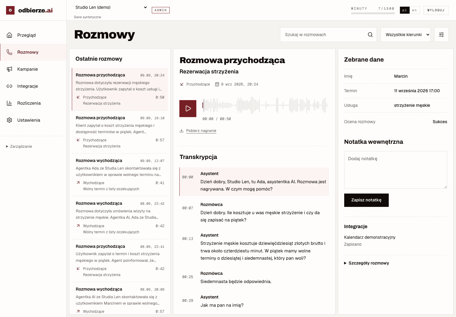 Panel odbierze z nagraniem „Rezerwacja strzyżenia”, transkrypcją i zebranymi danymi.