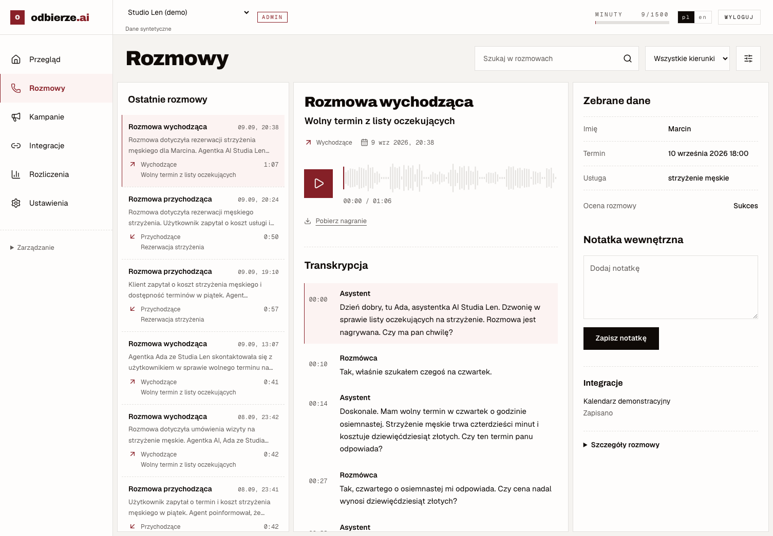 Panel odbierze z nagraniem „Wolny termin z listy oczekujących”, transkrypcją i zebranymi danymi.