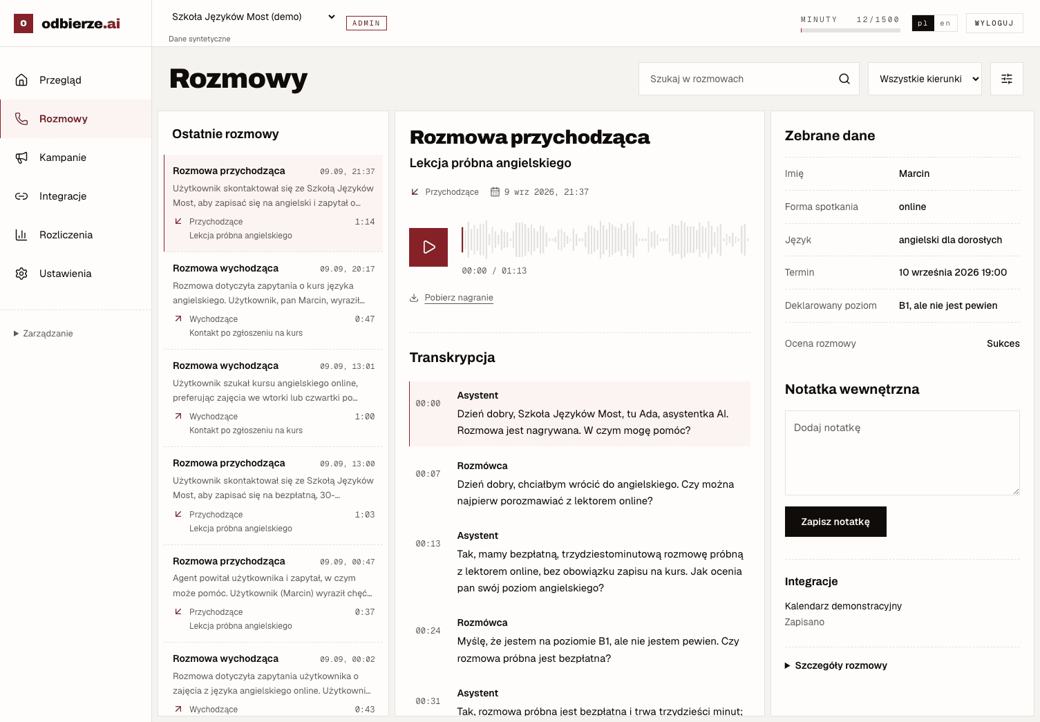 Panel odbierze z nagraniem „Lekcja próbna angielskiego”, transkrypcją i zebranymi danymi.