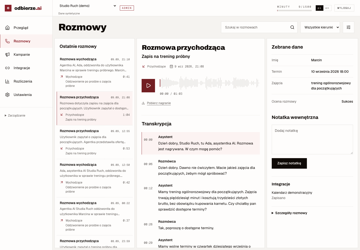 Panel odbierze z nagraniem „Zapis na trening próbny”, transkrypcją i zebranymi danymi.