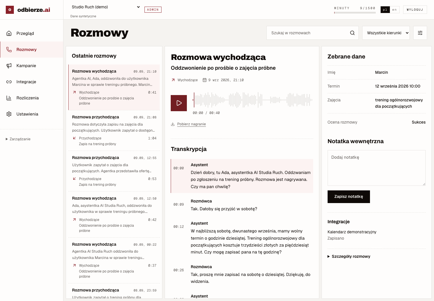 Panel odbierze z nagraniem „Oddzwonienie po prośbie o zajęcia próbne”, transkrypcją i zebranymi danymi.