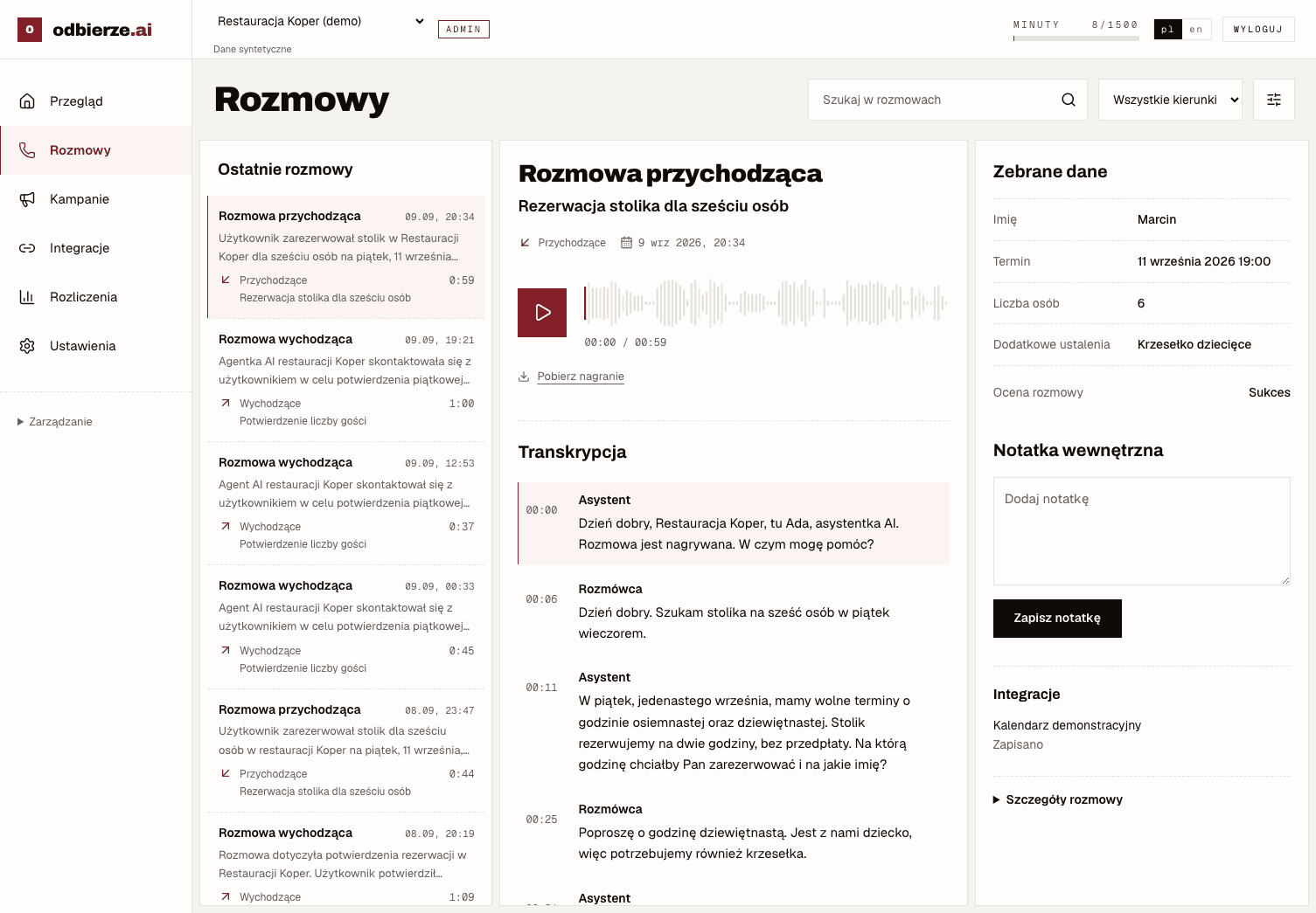 Panel odbierze z nagraniem „Rezerwacja stolika dla sześciu osób”, transkrypcją i zebranymi danymi.
