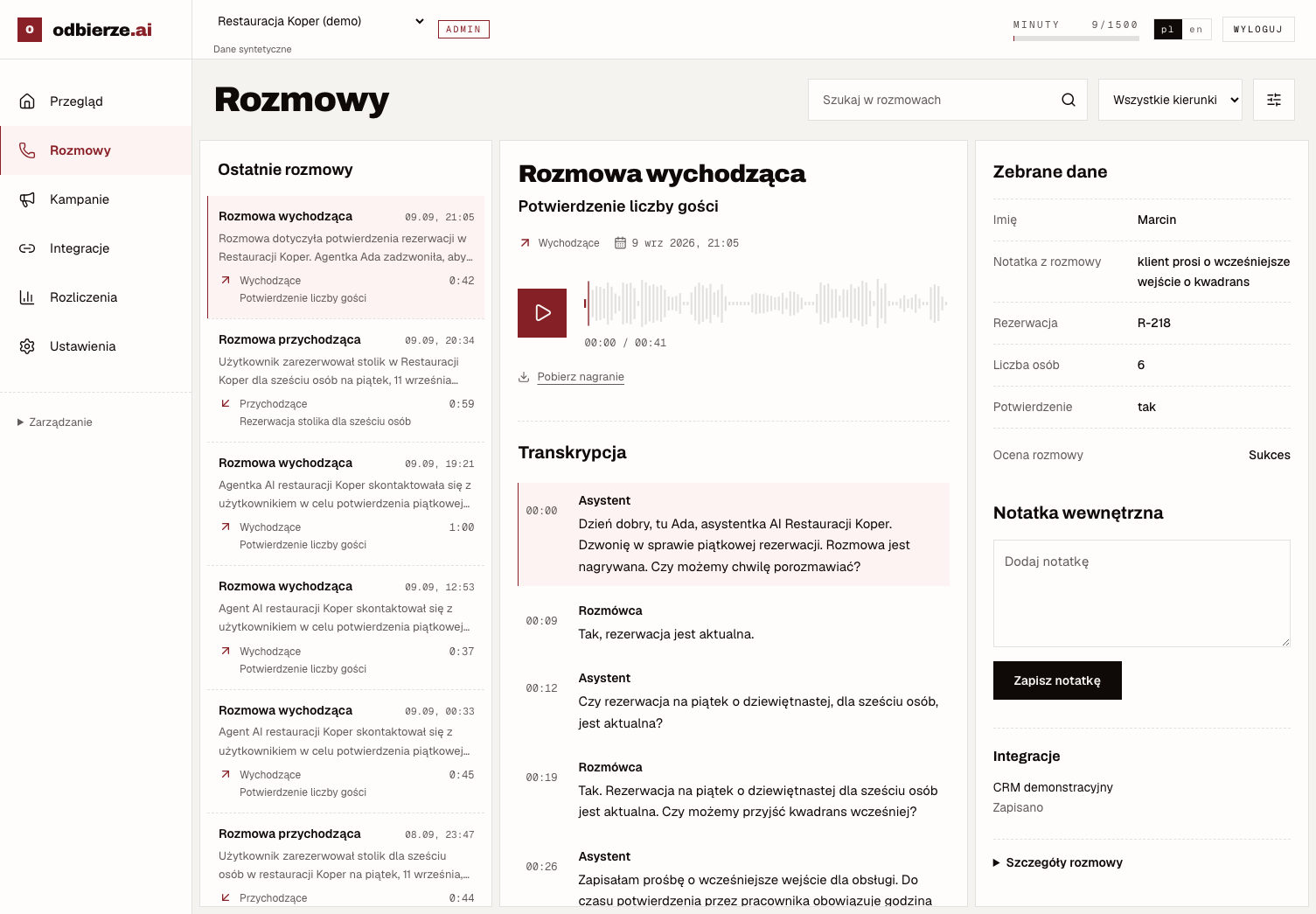 Panel odbierze z nagraniem „Potwierdzenie liczby gości”, transkrypcją i zebranymi danymi.