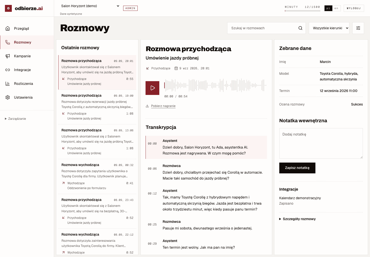 Panel odbierze z nagraniem „Umówienie jazdy próbnej”, transkrypcją i zebranymi danymi.