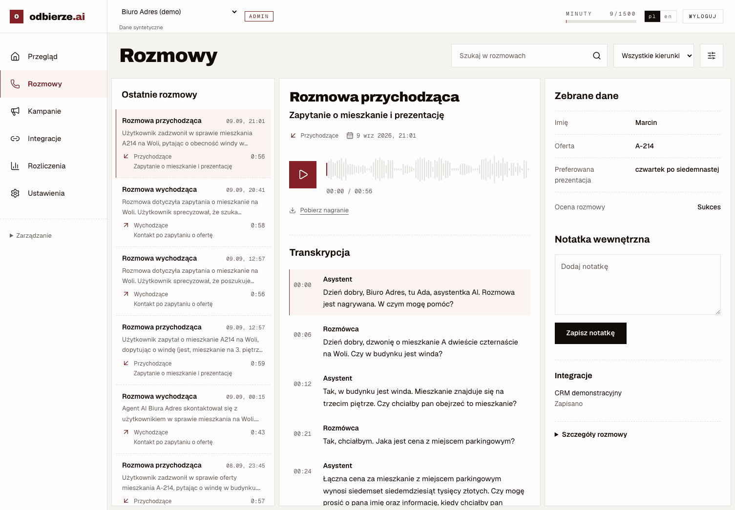 Panel odbierze z nagraniem „Zapytanie o mieszkanie i prezentację”, transkrypcją i zebranymi danymi.