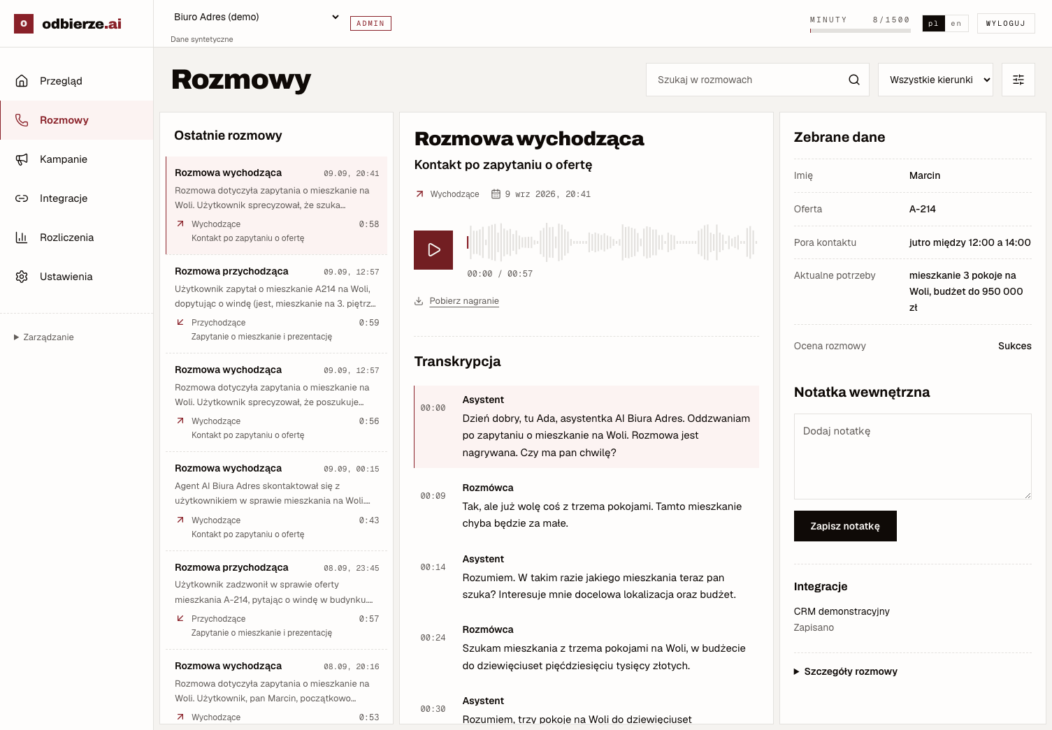 Panel odbierze z nagraniem „Kontakt po zapytaniu o ofertę”, transkrypcją i zebranymi danymi.