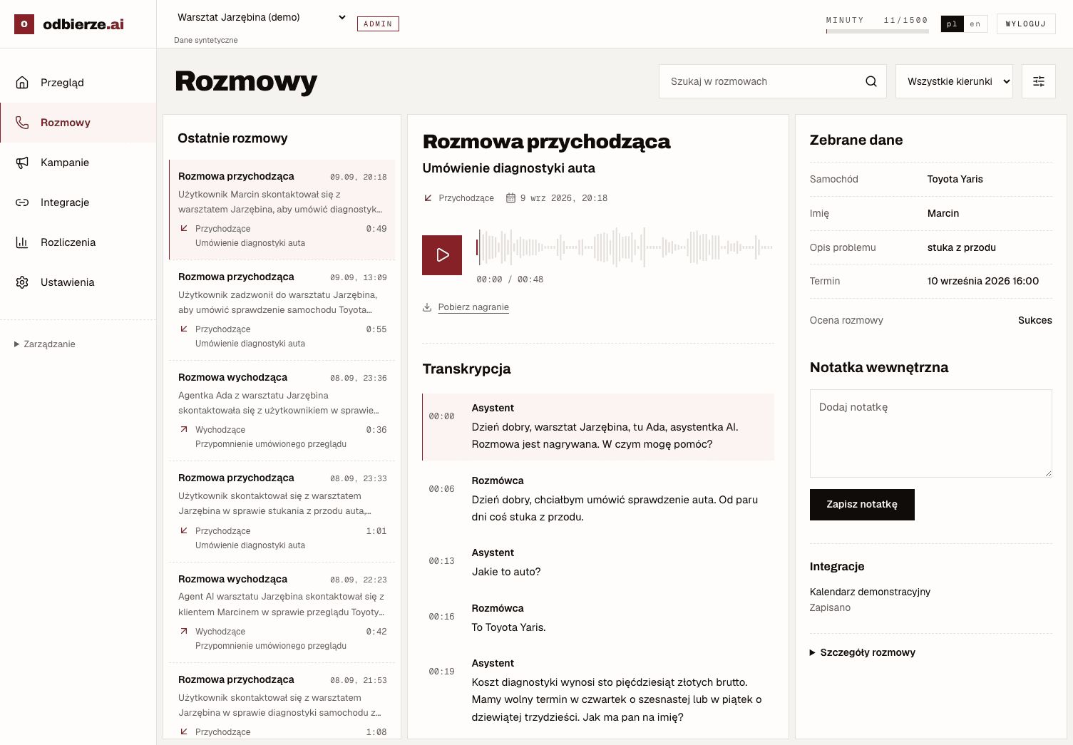 Panel odbierze z nagraniem „Umówienie diagnostyki auta”, transkrypcją i zebranymi danymi.