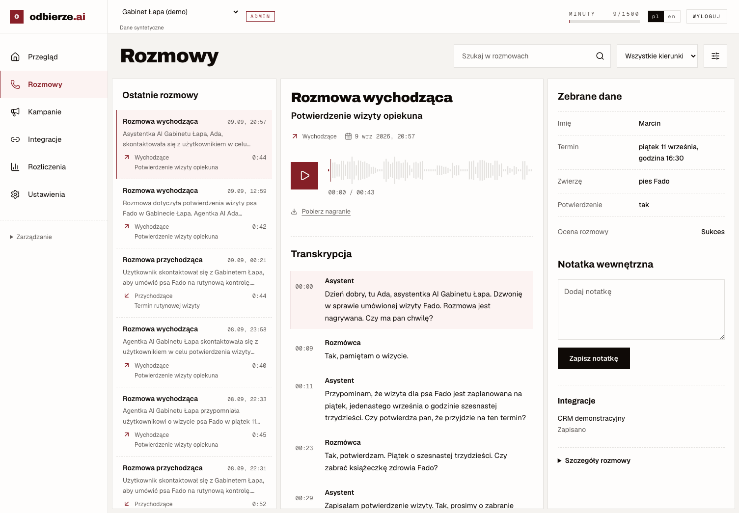 Panel odbierze z nagraniem „Potwierdzenie wizyty opiekuna”, transkrypcją i zebranymi danymi.